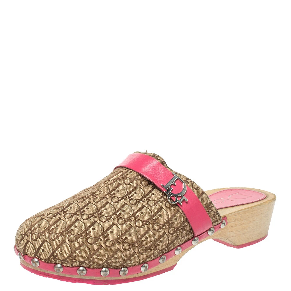 Mules de sabot garniture en toile et cuir Dior rose/blanc Diorissimo taille 34