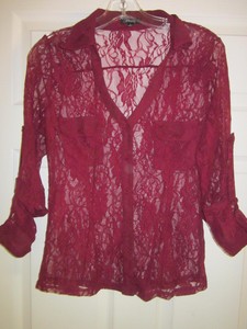Women's Jr Burgundy Wine Lace Sheer Blouse Size L Pripe 3/4-Long Sleeve Preowned | eBay