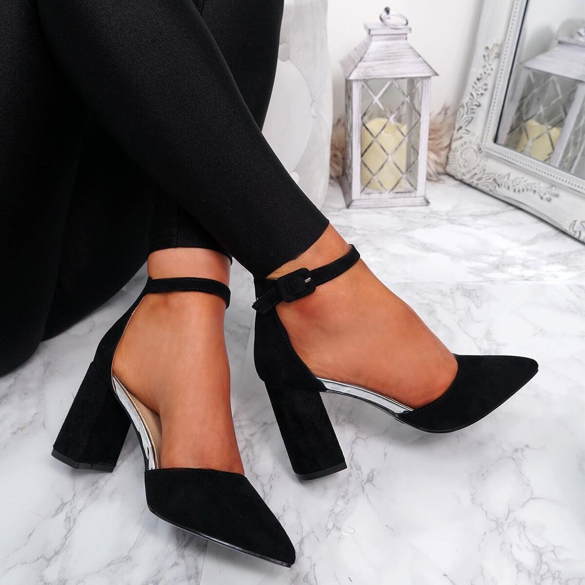 STATEMENT Feature Block Heel Court Shoe in Black Patent / Leather | Russell  & Bromley