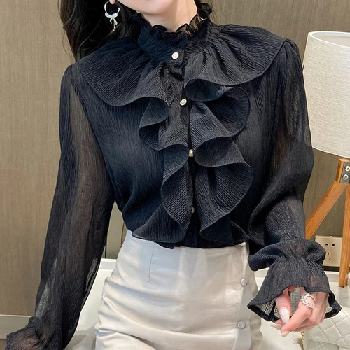 Blusa De Encaje Elegante Con Volantes Para Mujer Camisa De Gasa Con Cuello Alto- - Imagen 14 de 19