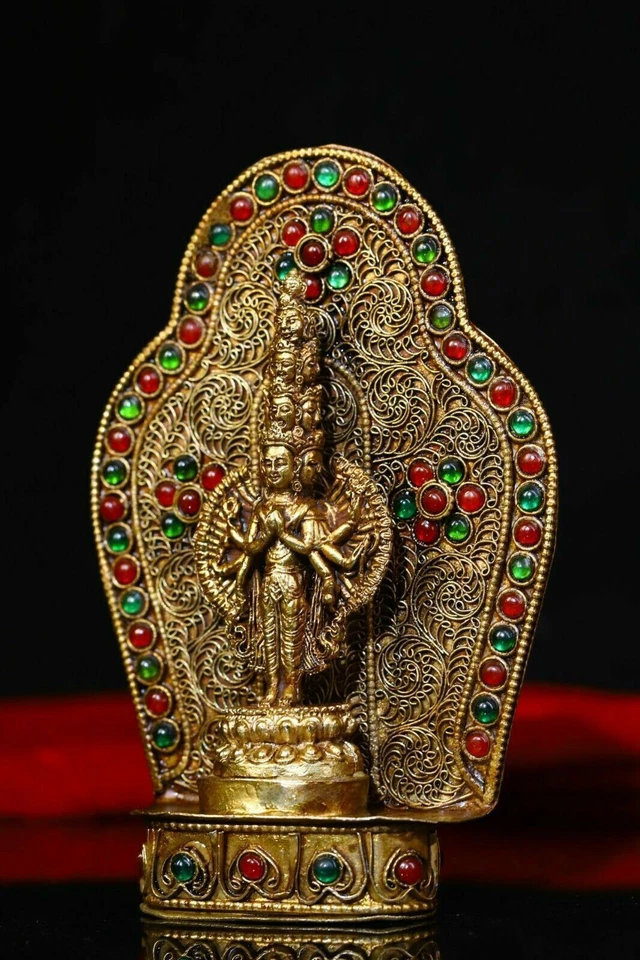 12,5 cm China Budismo Tibetano Plata Kwan-yin Guanyin Estatua Incrustación Gema Foto 3 de 4