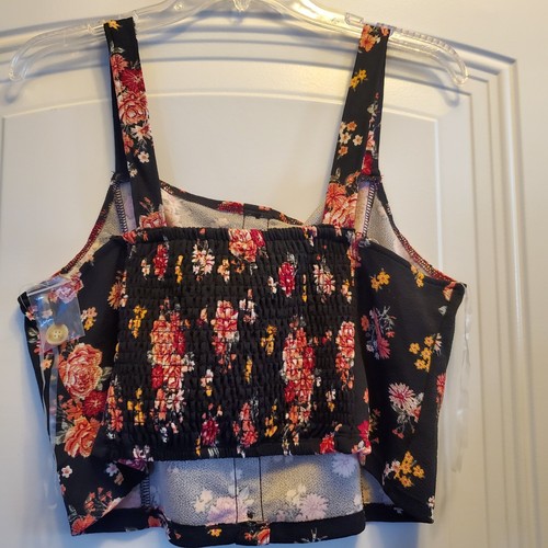 No Boundaries black floral print stretch pants/SL crop top set jr Sz 2XL/19 - Picture 4 of 4