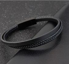Men's Women Black Braided 2 Bands Genuine Leather Bracelet Magnetic Bangle 8.2"