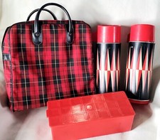 De Colección Sears Roebuck 60s 70s Diseño Atómico Termo Rojo Tela Escocesa Bolsa de Almuerzo Hecha en EE. UU.