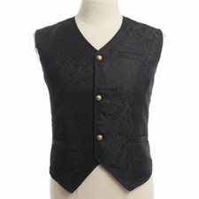 Mens Black Waistcoat Jacquard Brocade Gothic Victorian Baroque Steampunk M-L
