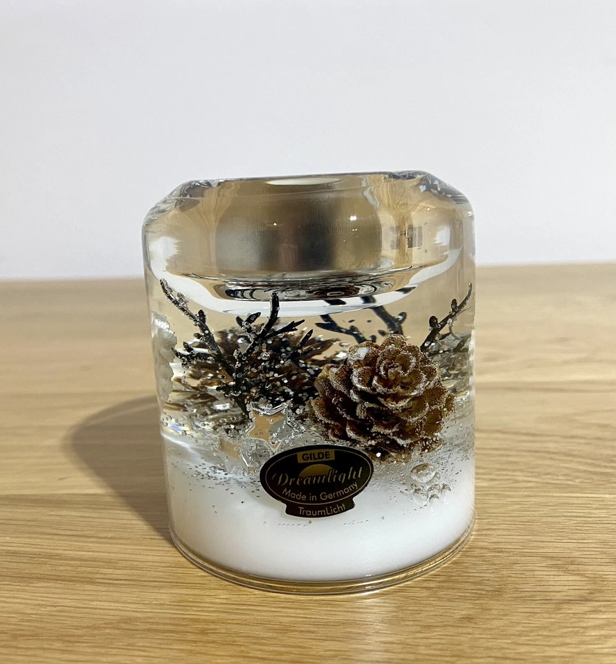 Gilde Dreamlight Glas Teelichthalter „Winter Story“NEU Silber Braun Weiß  8 cm - Bild 2 von 3