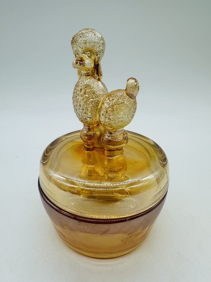 Vintage Marigold Iridescent Glass Poodle Dog Powder Jar