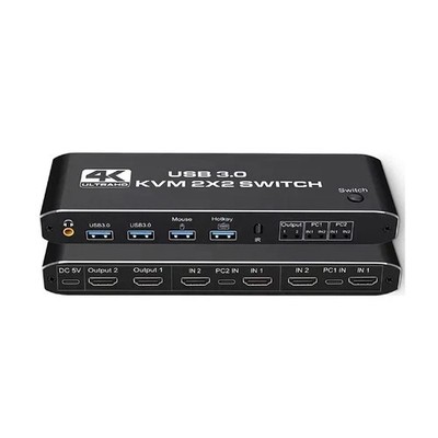 2x2 4K 60Hz USB 3.0 HDMI KVM Switch Hub With Keyboard Hotkey Extended Display B