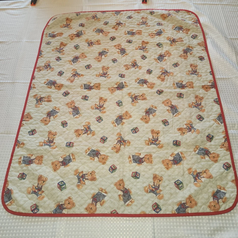 Vintage Baby Boys Thin Quilt Blanket Featuring Teddy Bear And Toys - Image 2 of 4