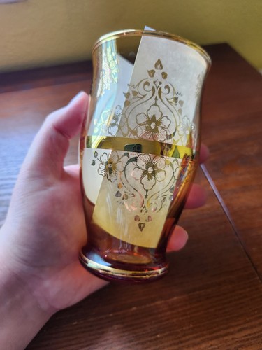 Vecchia Murano Hand-Blown Glass Amber 24 Karat Gold Trim Sticker Marked Vintage - Picture 5 of 13