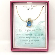 True To Form Turtle Necklace Gold Tone w/ Blue Crystals 16"+3"