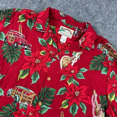 Paradise Found Hawaiian Shirt Mens Large Red Poinsettia Woody Car Ukulele Rayon