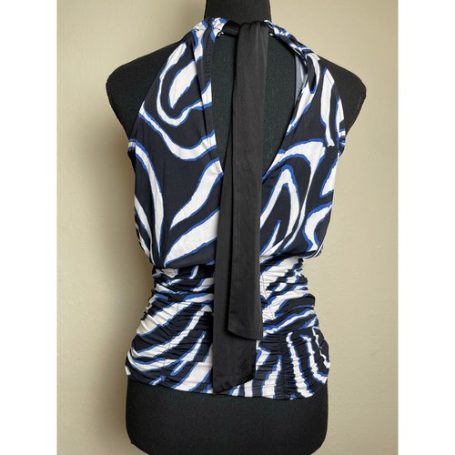 XOXO Women's VTG Y2K Zebra Beaded Back Tie Feminine Stretch Silky Chic Top S - Picture 2 of 12