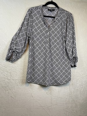 80 Park Black and White Geometric 3/4 Sleeve Women's Blouse XL [A63]