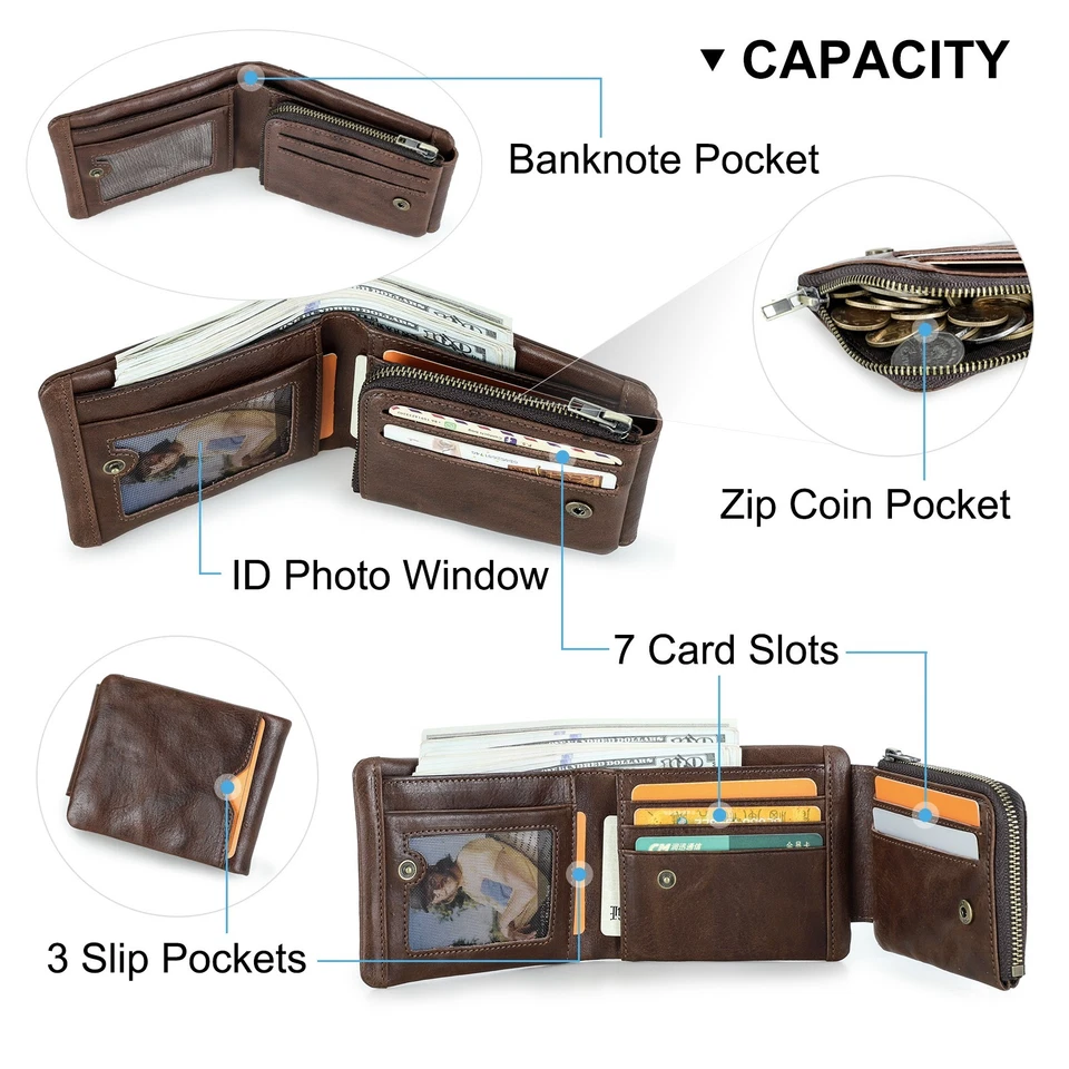 Men's Leather RFID Short Wallet Purse Photo ID 7 Card Holder Zipper Coin Pocket - Image 3 of 4