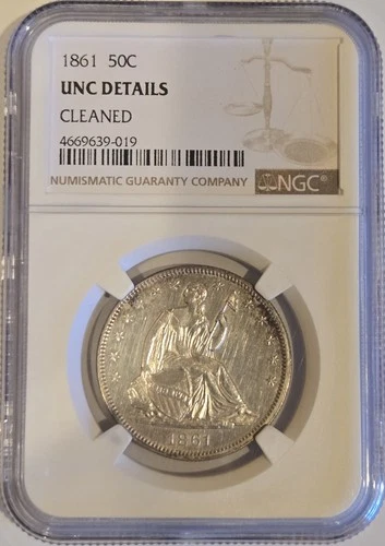 1861 NGC UNC DETAILS CLEANED Silver Seated Liberty Half Dollar 50C