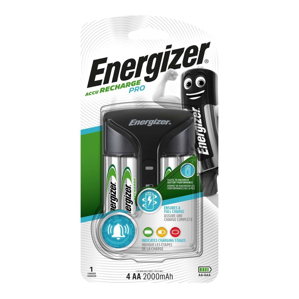 Energizer Recharge Pro Battery Charger + 4 AA Batteries Included 2000 mAh