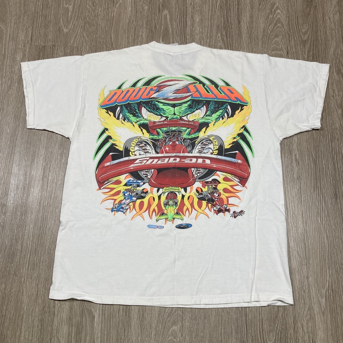 90s Y2K カートマン カレッジ Tシャツ 白 XLサイズ Snap-on Shirt XL 00s Y2k Dougzilla Race-car Racing Racer Indy-car
