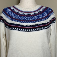 Talbots Women  s Fair Isle Sweater Cream Blue Red Wool Blend Nordic Fringe Detail
