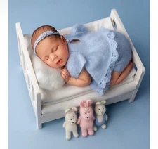 Newborn Photography Props Wooden Bed - Baby Photoshoot Props Doll White Wood