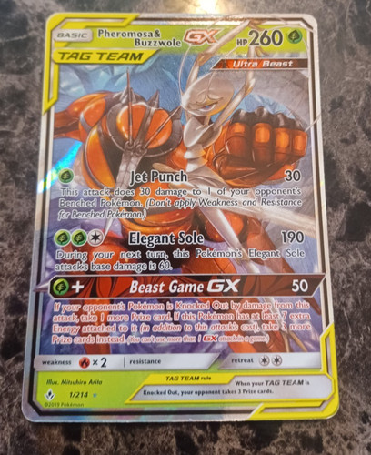 2019 Pheromosa & Buzzwole GX 1/214 Tag Team Unbroken Bonds Pokémon - Light Play