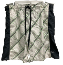 OP Men's Swimsuit Trunks Size L 36/38 White Black Multi Squares Drawstring F37