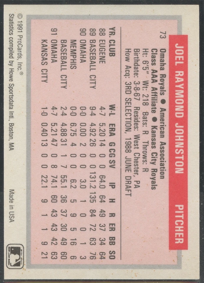 1991 ProCards Minor League #73 Joel Johnston Omaha Royals - Image 2 of 2