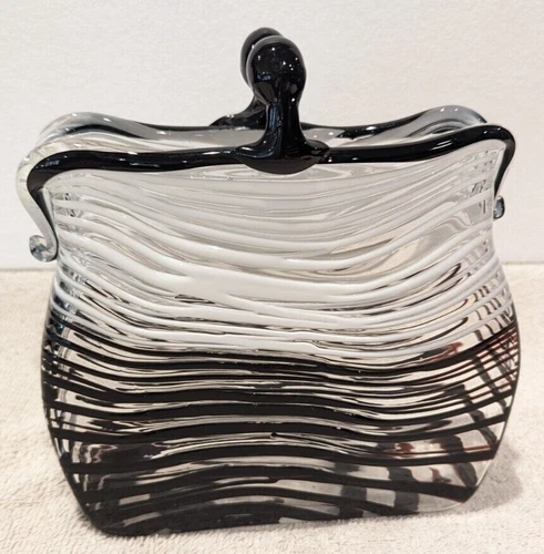 Vintage Hand Blown Art Glass Black & White Stripe Murano Style Glass Purse/Vase