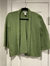 Tweeds Green Lambs Wool Angora 3/4 Sleeve Open Front Knit Cardiganan Size S