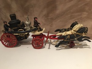 cast iron 3 horse drawn fire wagon