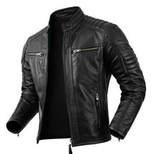 Black Leather Men  s Black Genuine Cowhide Jacket Biker Stand Collar