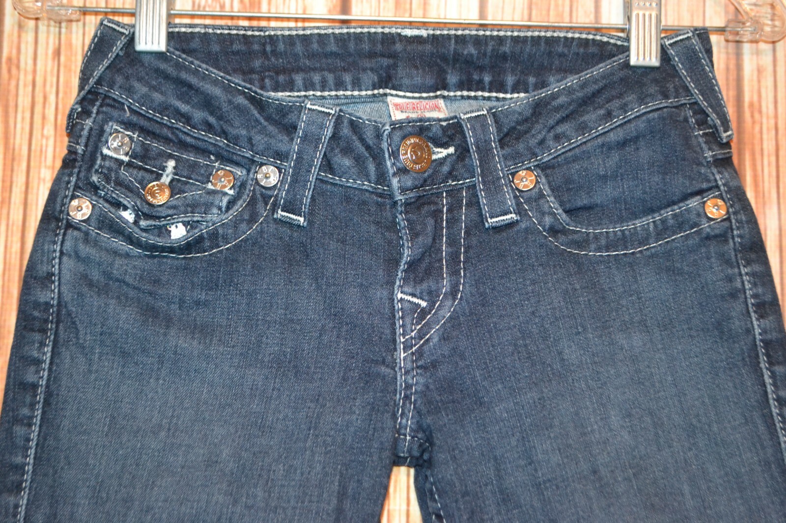 True Religion Women's Knee Length Embellished U Pocket Flaps Denim Shorts Sz 26 thumbnail 5