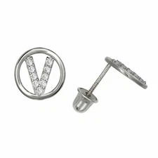 Letter "V" Initial Round Child Stud Earrings Screw Back 14K White Gold