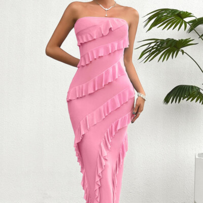 Lady Mesh Ruffle Bodycon Maxi Tube Dress Strapless Tiered Cocktail Slit  Party