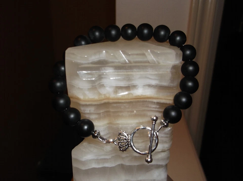 PULSERA HOMBRE HECHA A MANO 8 1/4" 10MM NEGRO MATE ÁGATA ÓNIX CUENTAS Foto 3 de 4