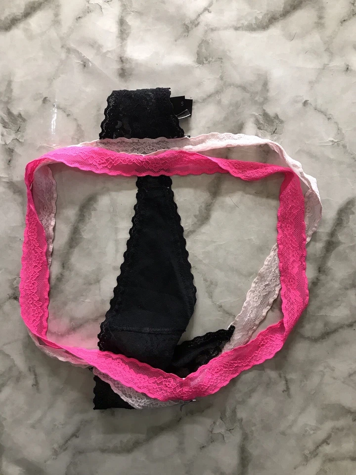 Victoria's Secret ROSA Negro Encaje Doble Correa Tanga Panty Grande Multicolor Foto 3 de 3