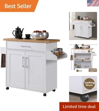 Elegant Kitchen Island Cart with Spice Rack & Towel Holder, White & Beech Top