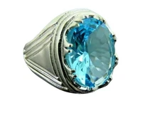 NATURAL BLUE TOPAZ DECEMBER BIRTHSTONE 925 SOLID SILVER FATHER'S DAY MENS RING