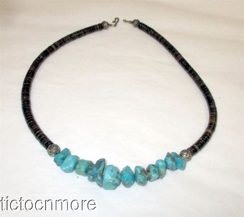 VINTAGE NAVAJO INDIAN STACKED BROWN SHELL HEISHE TURQUOISE FETISH NECKLACE