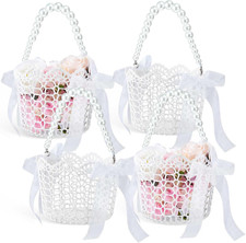 4 Pcs White Flower Girl Basket with Pearl Handle Wedding Flower Bowknot Basket w
