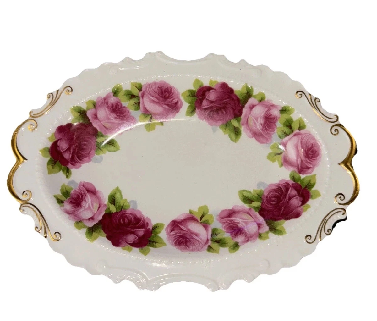 E-2 アンティーク プレート エッグプラター 大皿 薔薇 ローズ ゴールドリム Royal Albert Old English Rose Oval Plate Gold Trim Catch All