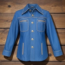 Vintage 70s Denim Jacket Blazer Women's Medium Leather Detail Western Retro