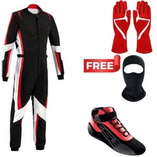 GO Kart Racing Suit Set Black Red White | FRUX Racewear | Shoes Gloves Balaclava