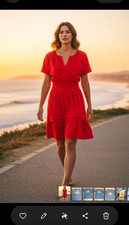 Tahari Womens L Red V-Neck Smocked Ruffle Stylish A-Line Dress