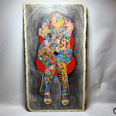 Tattooed nude bald woman chair painting human figure etched art colorful gallery