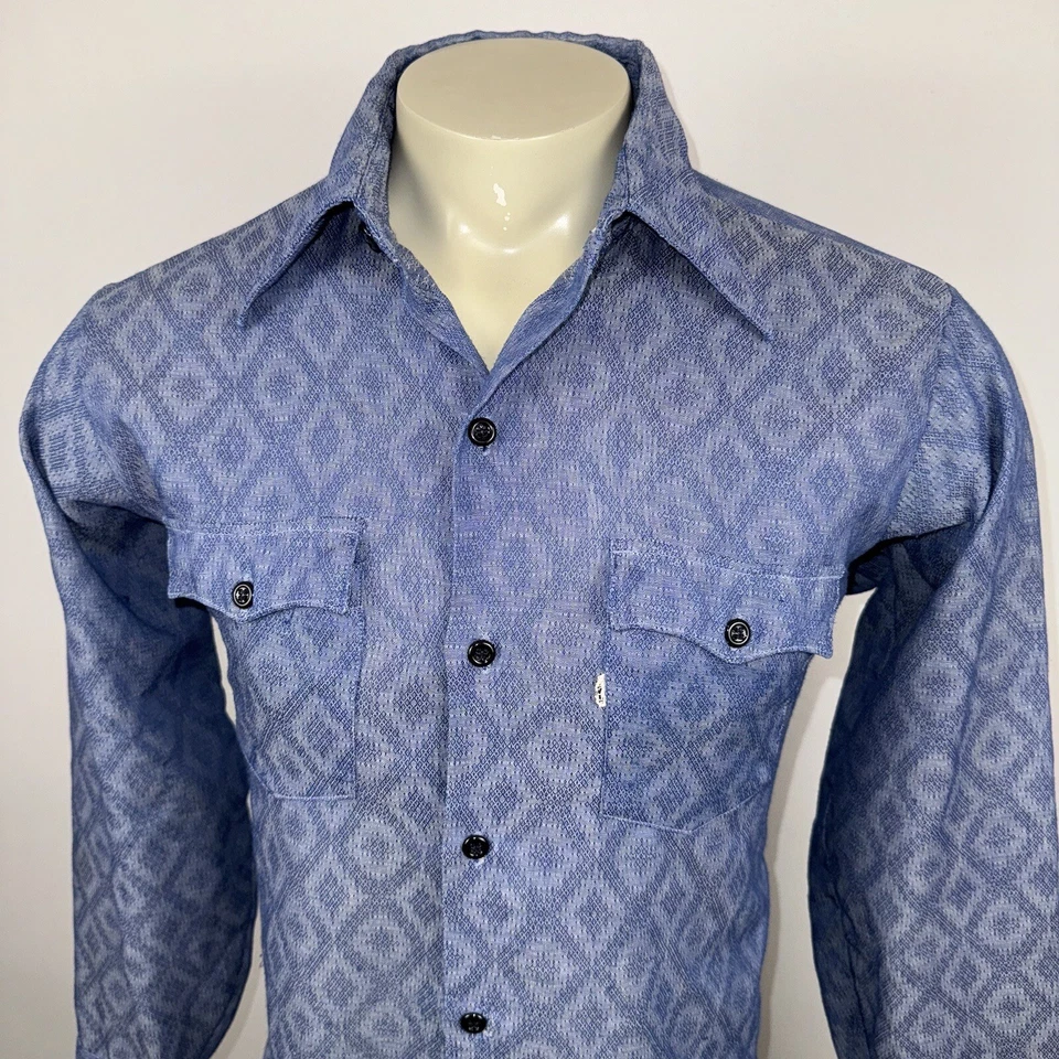 Camisa De Colección Levis BIG E Tab Para Hombres Hippie Disco Cuello Daga Levi’s 60s 70s Grande Foto 2 de 4