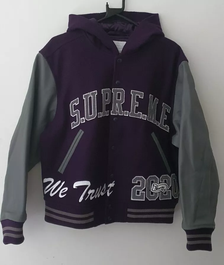 Veste universitaire à capuche FW20 Supreme King laine cuir violet gris taille S Small
