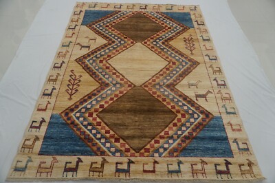 6 x 8 ft Beige Gabbeh Tribal Afghan Hand Knotted Wool Geometric Animal Rug