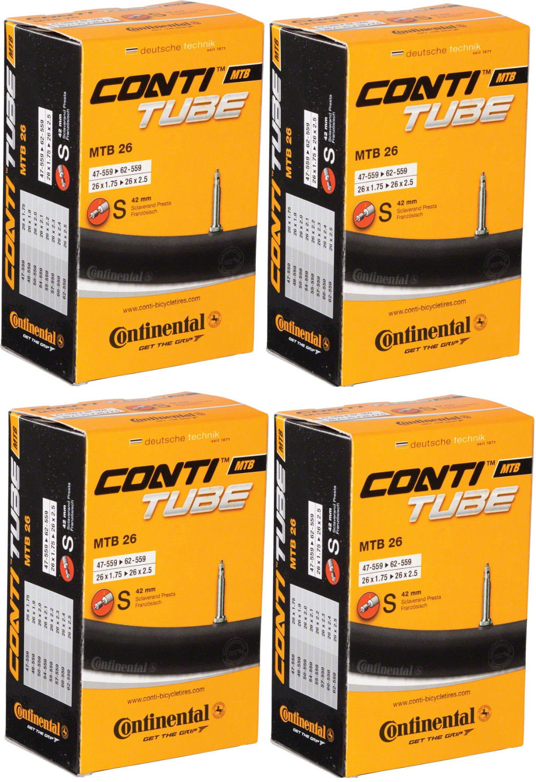 2 OR 4 PACK | Continental Standard Tube 26 | 26 x 1.75 - 2.5 | 42mm Presta