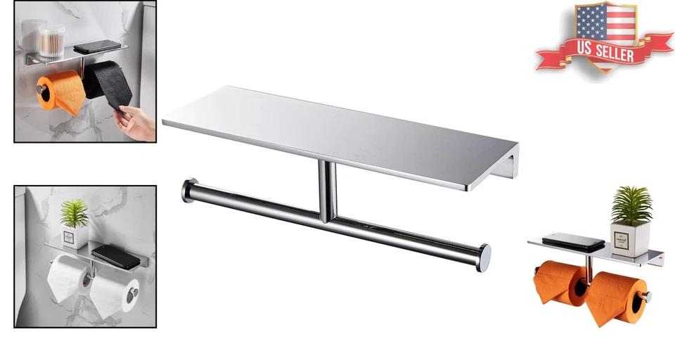 Soporte de papel higiénico doble de latón con estante - Estilo hotelero premium - 11,81 Foto 2 de 4